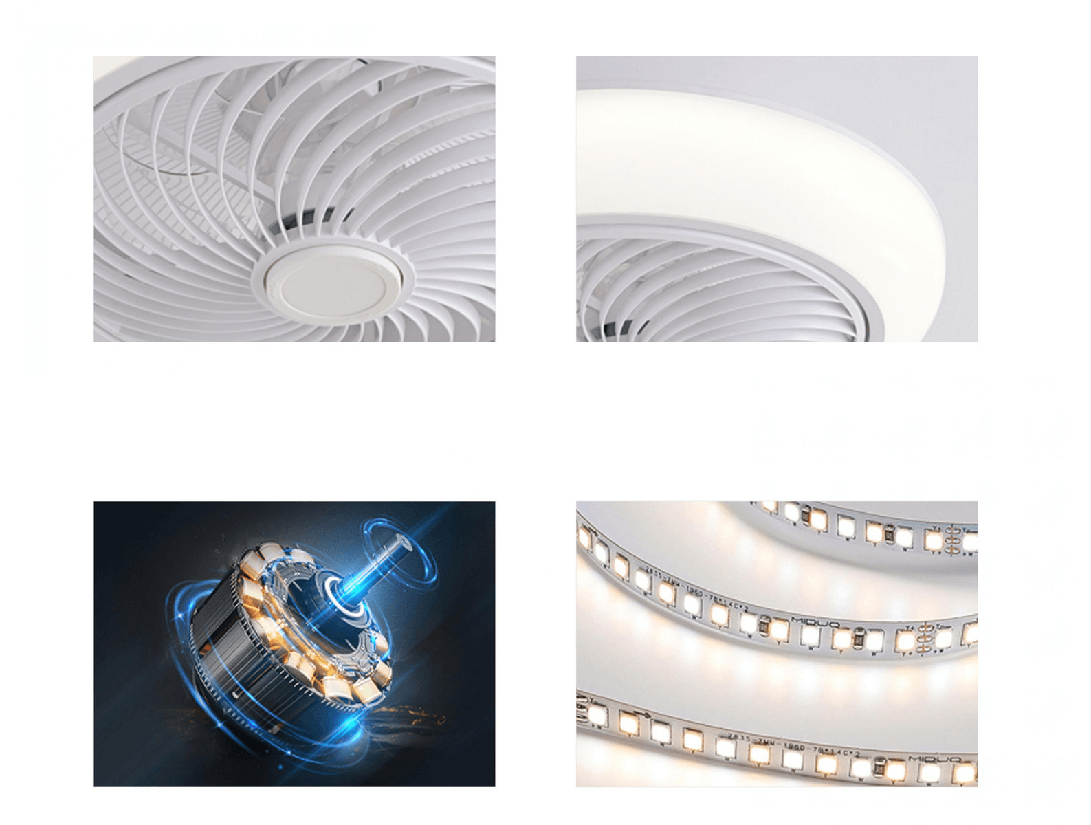 Primer plano de un ventilador de techo blanco, luz LED, motor y tiras LED.