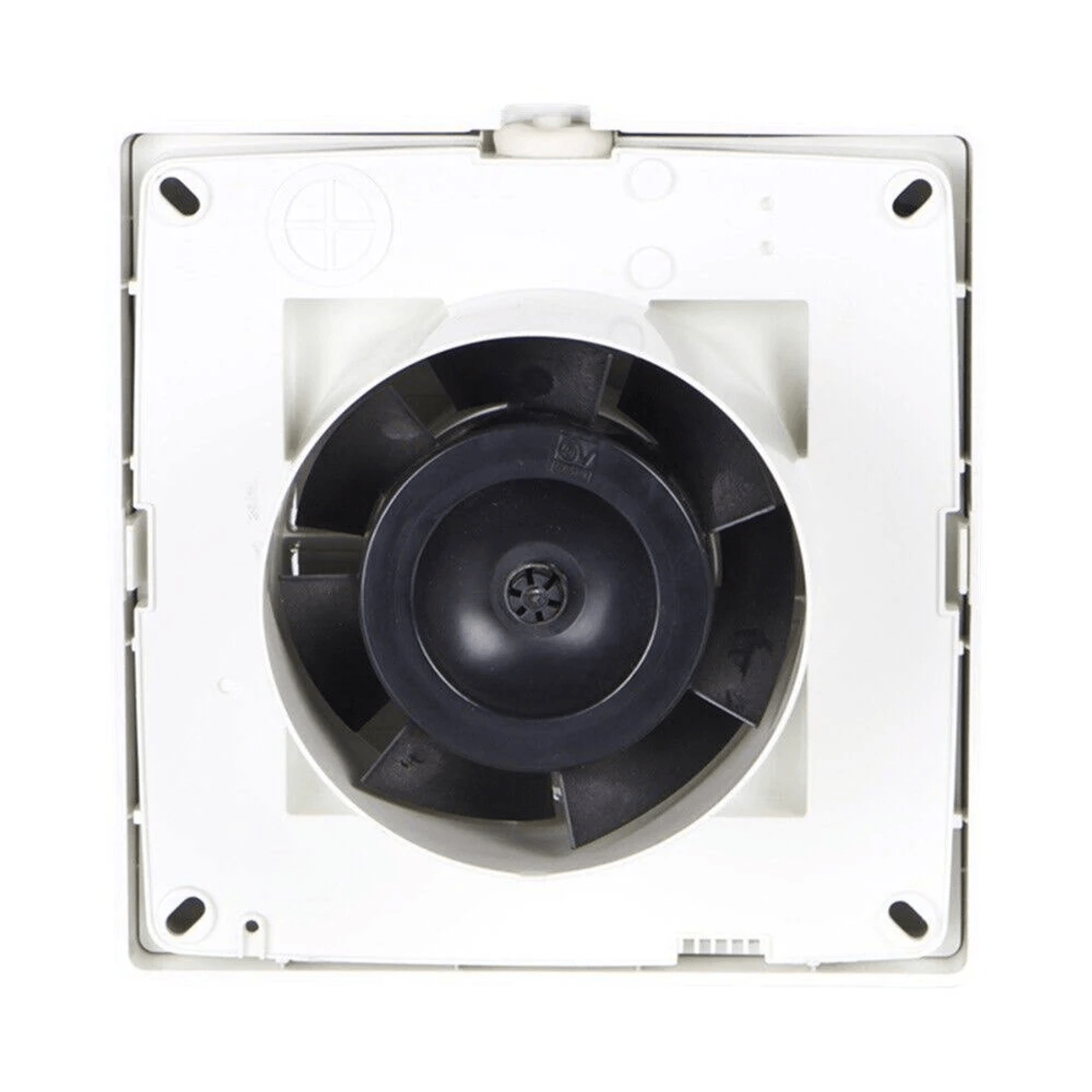 Ventilatore bianco con rotore nero e pale visibili.