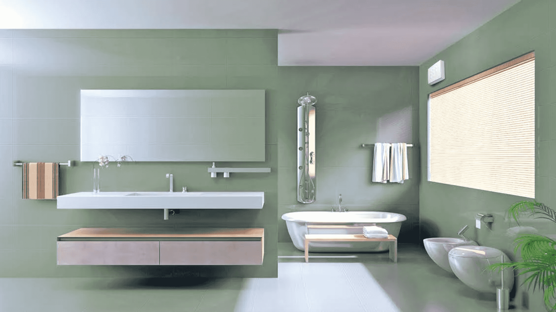 Bagno moderno con doppio lavabo, vasca, doccia e finestra.