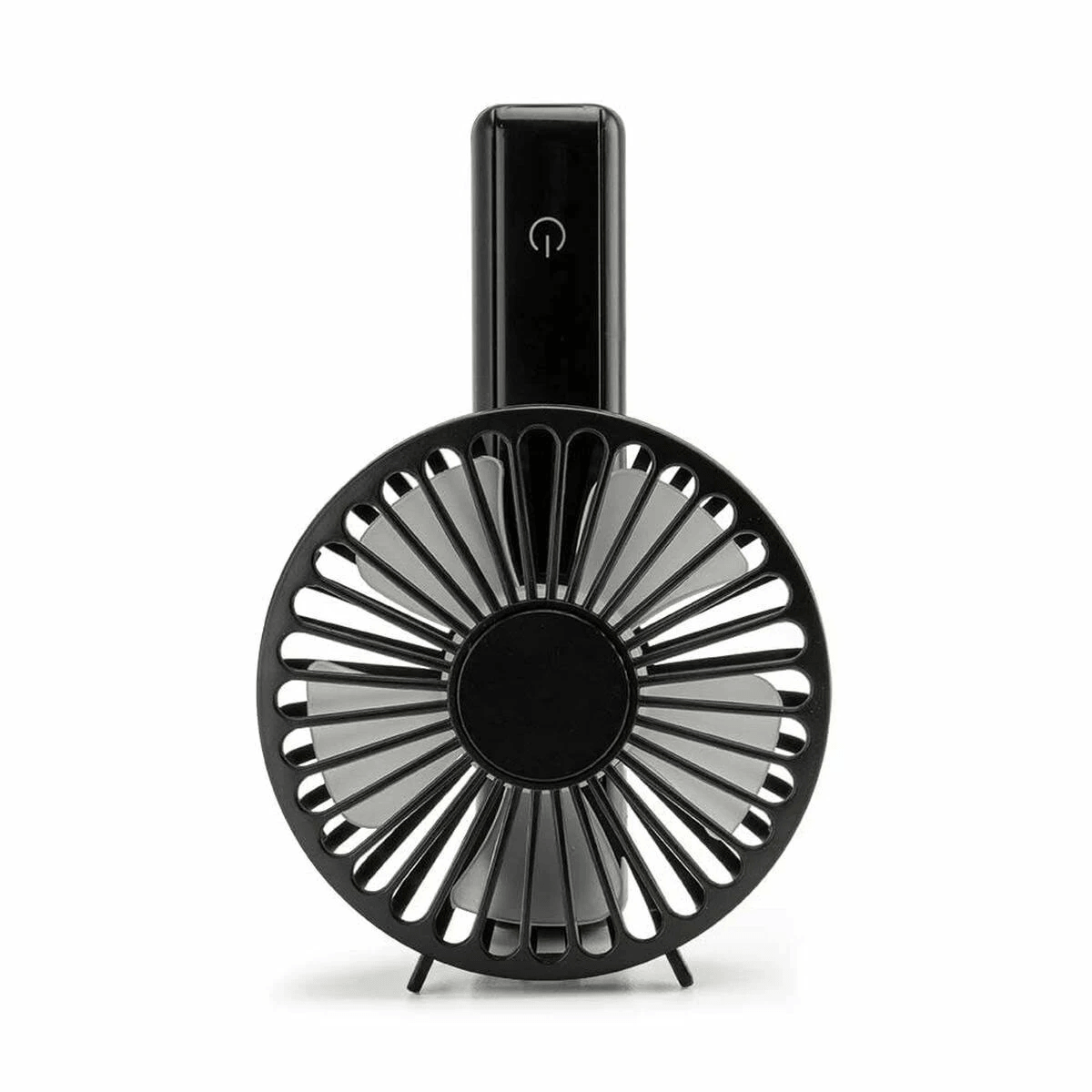 Un ventilador portátil negro con cabeza redonda y asa. Símbolo de encendido.