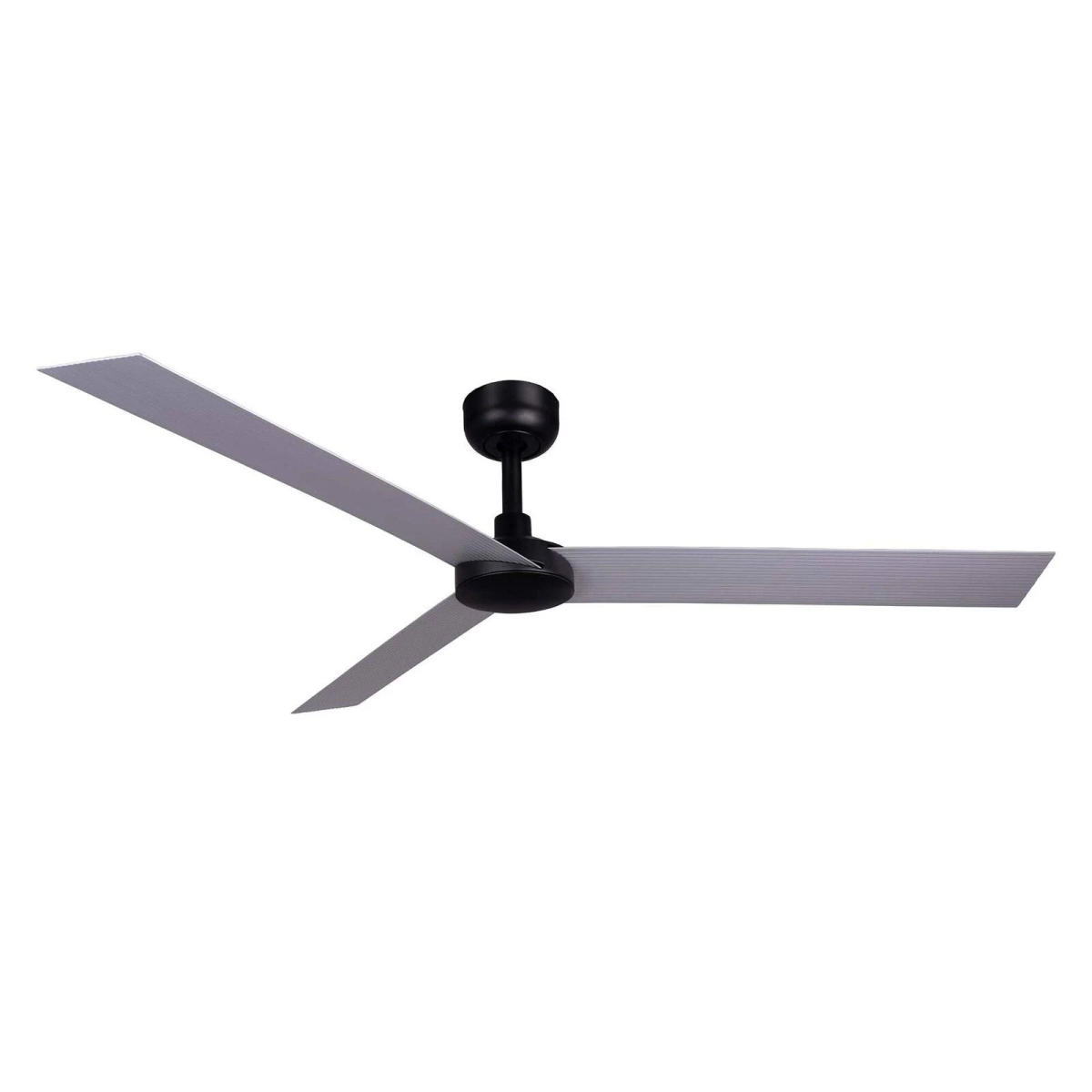 Ventilatore da soffitto nero con tre pale argentate su sfondo bianco.