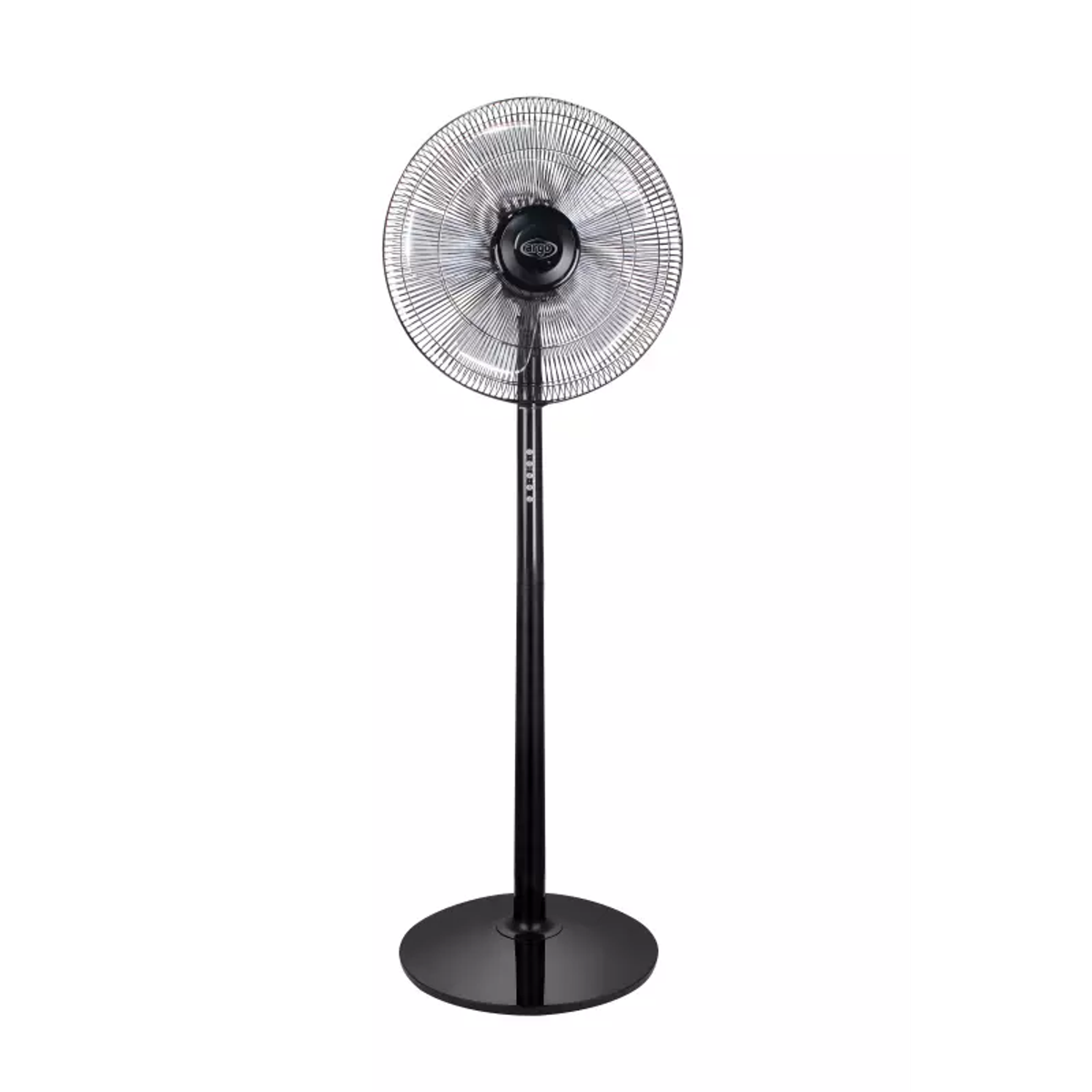 Un ventilatore da terra nero con base rotonda e supporto sottile.
