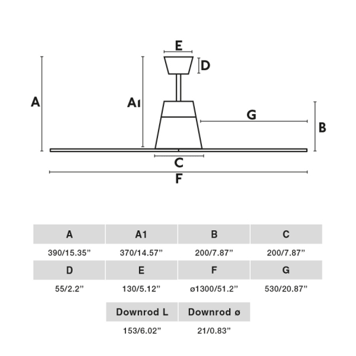 Diagramma di un ventilatore da soffitto con misure. Include tabelle con dimensioni A-G.