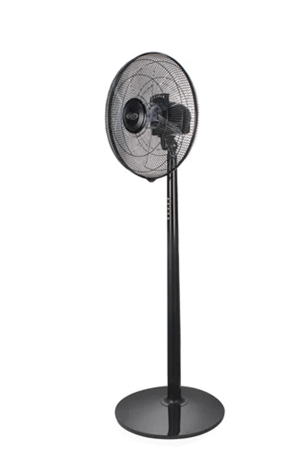 Un ventilatore a piedistallo oscillante nero con griglia metallica rotonda e base circolare.