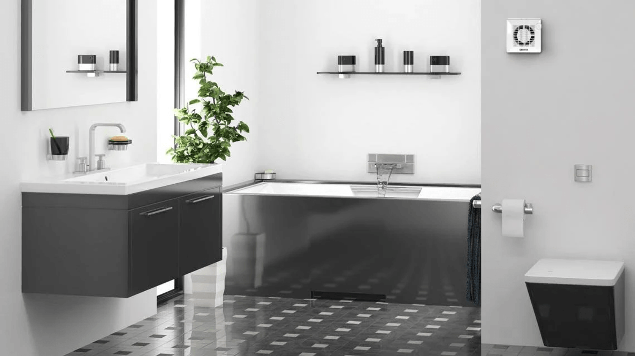 Bagno moderno con mobile lavabo sospeso, vasca, WC e pianta.