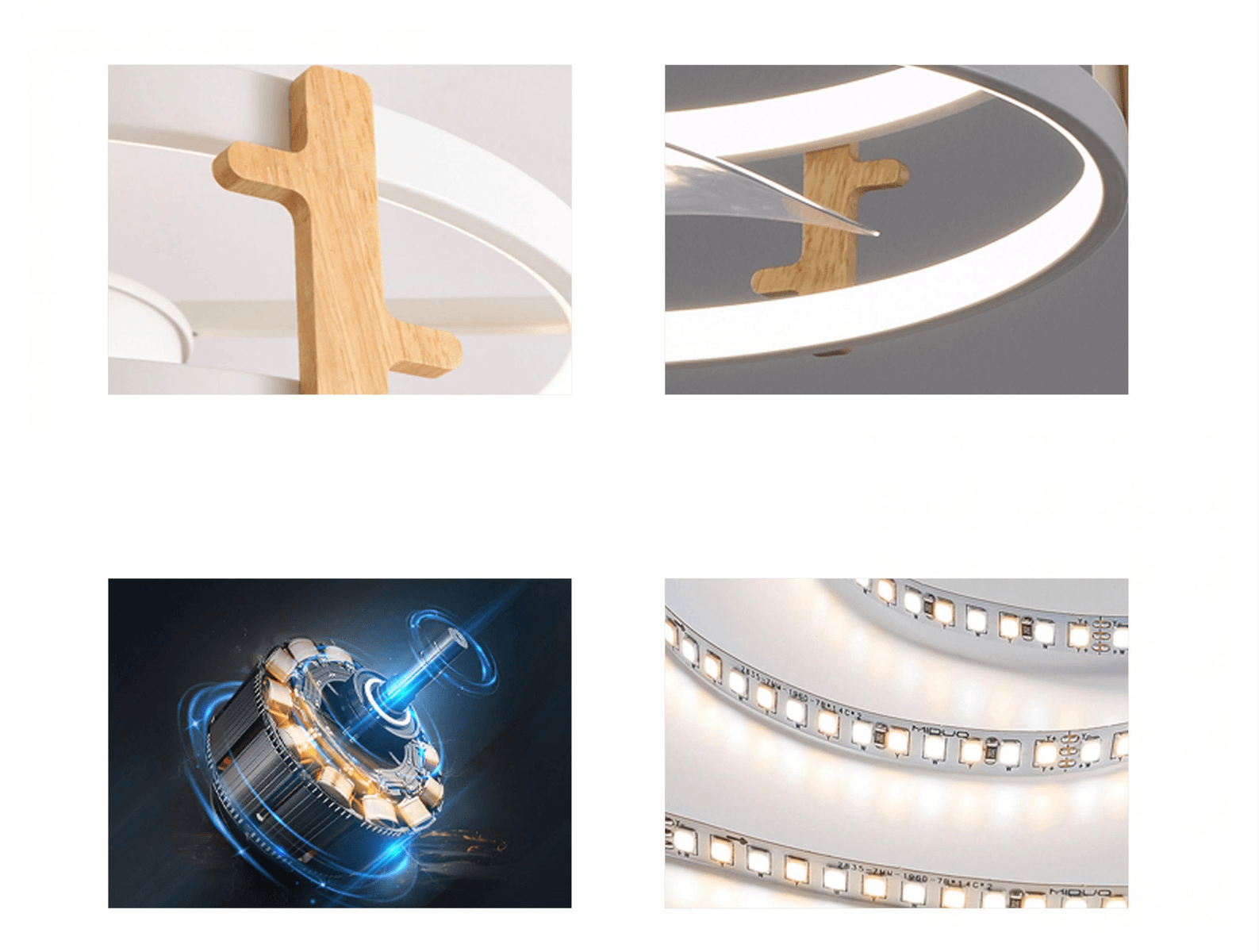Detalles de madera e iluminación LED, motor, tiras LED.