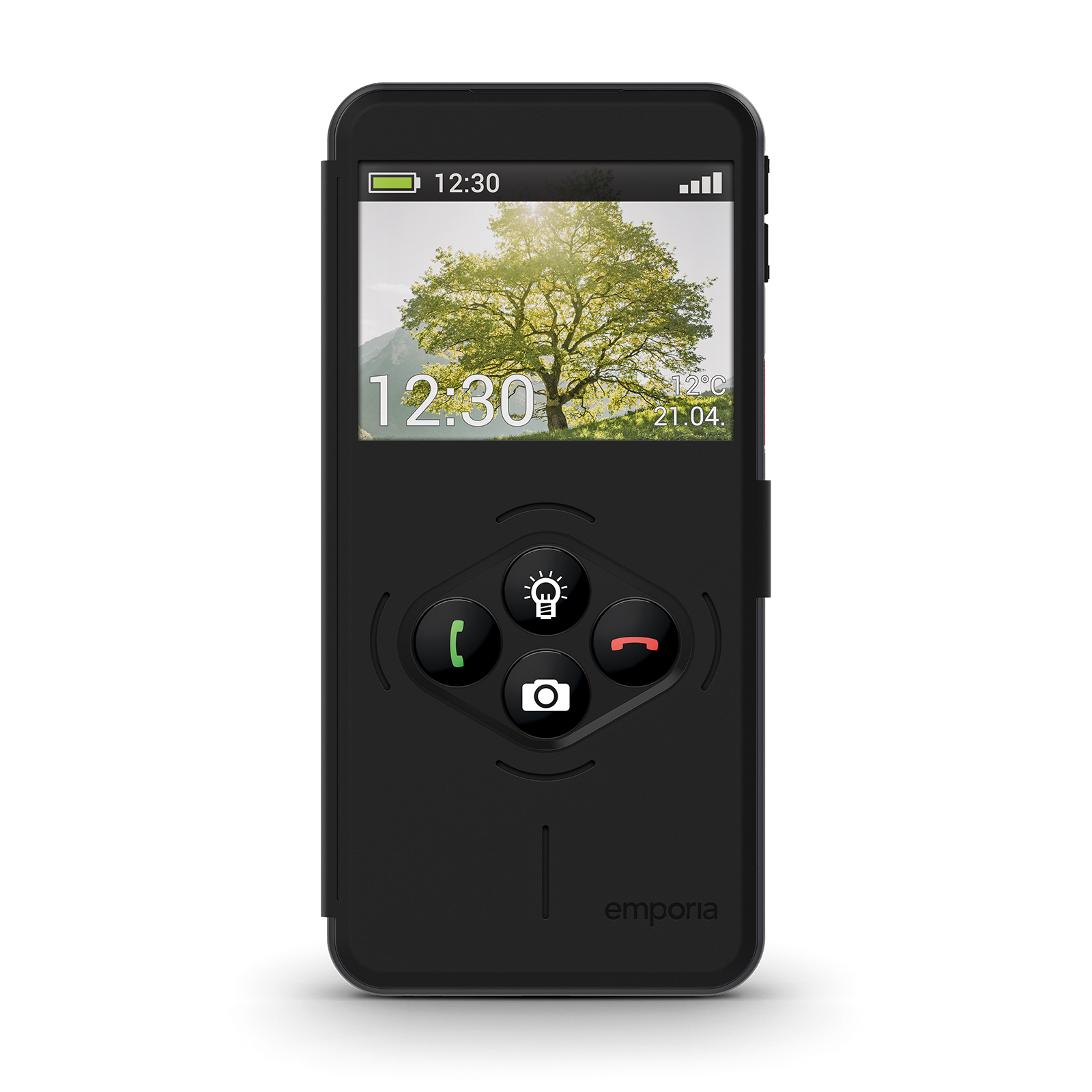 Telefono cellulare nero con sfondo di albero, ora, data e pulsanti.