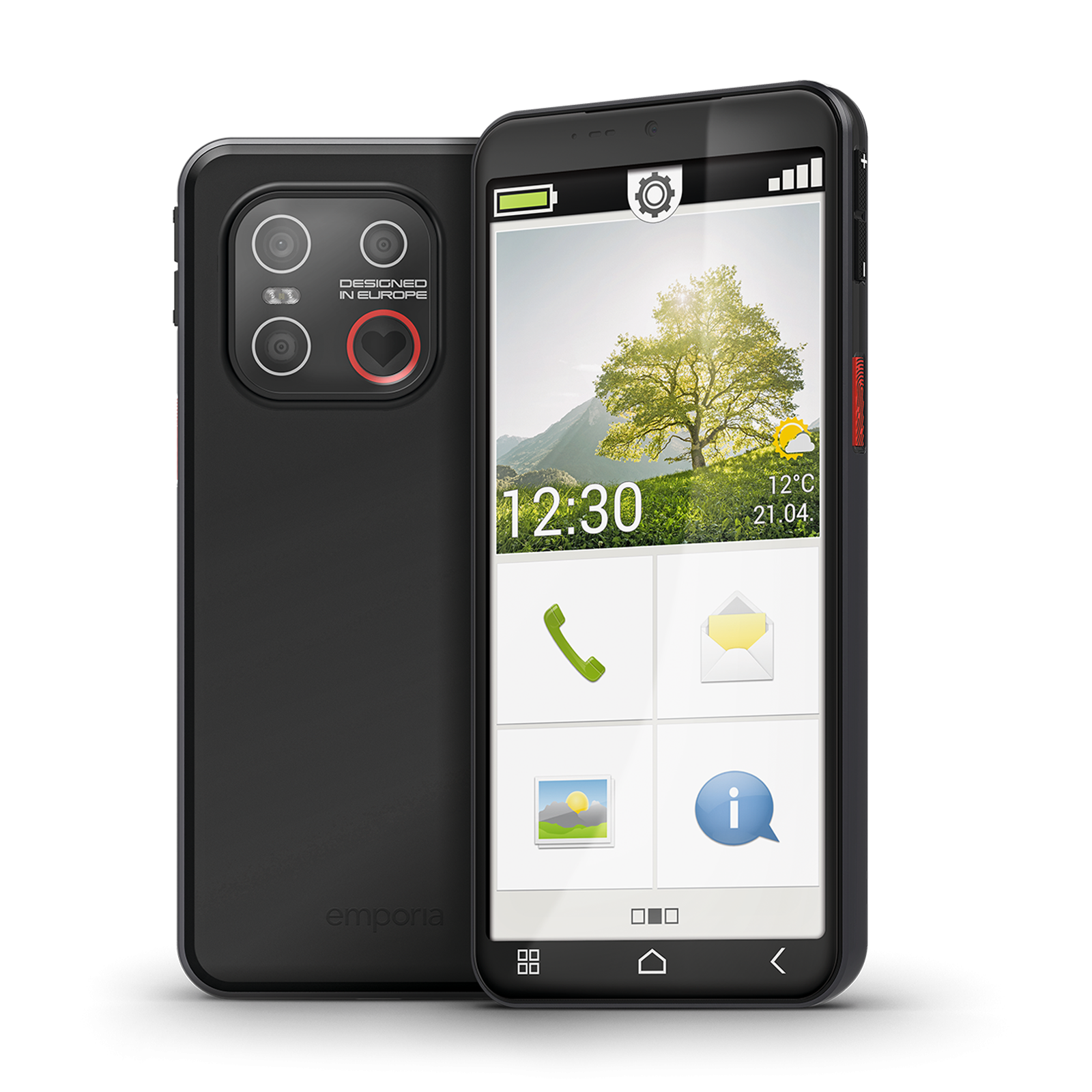 Smartphone nero, retro con array di fotocamere e simbolo di cuore. Fronte mostra schermo con albero, ora e icone.