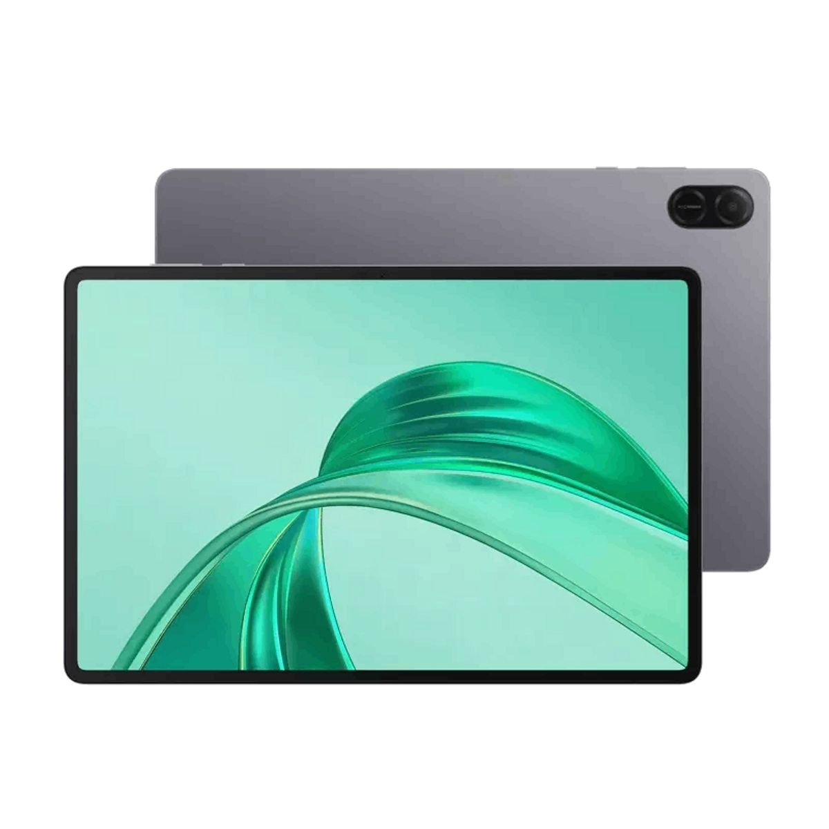 Szary tablet z zielonym tłem ekranu z zakrzywionymi liniami.