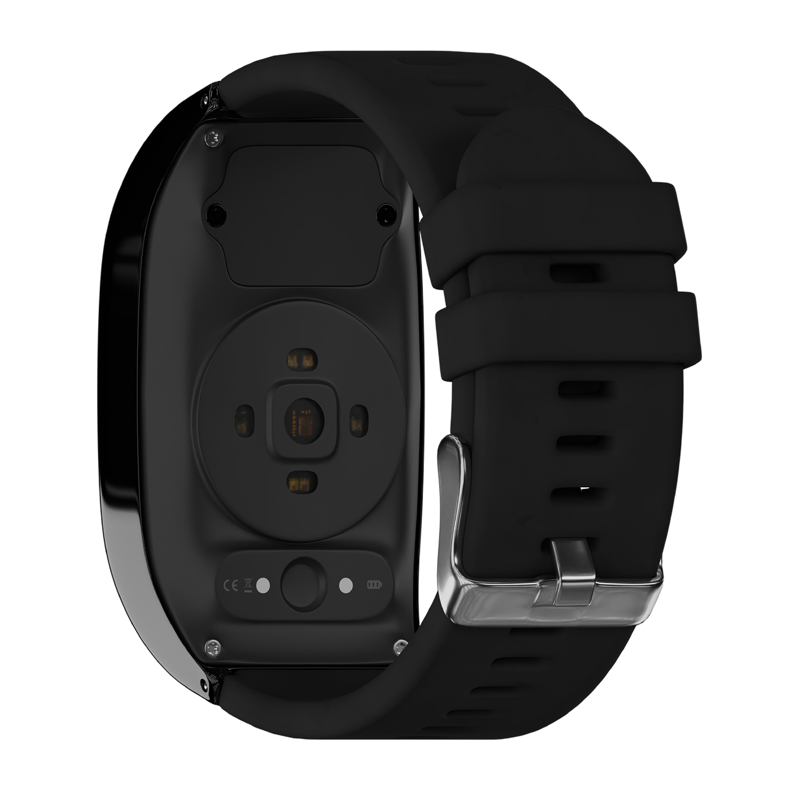 Rückseite einer schwarzen Smartwatch mit Herzfrequenzsensor, CE-Zeichen und Metallschnalle.