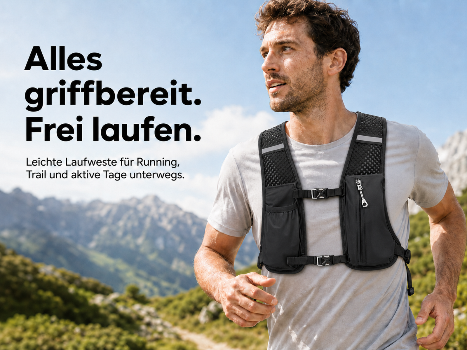 Ein Mann in Laufweste läuft in den Bergen. Text: Alles griffbereit. Frei laufen.