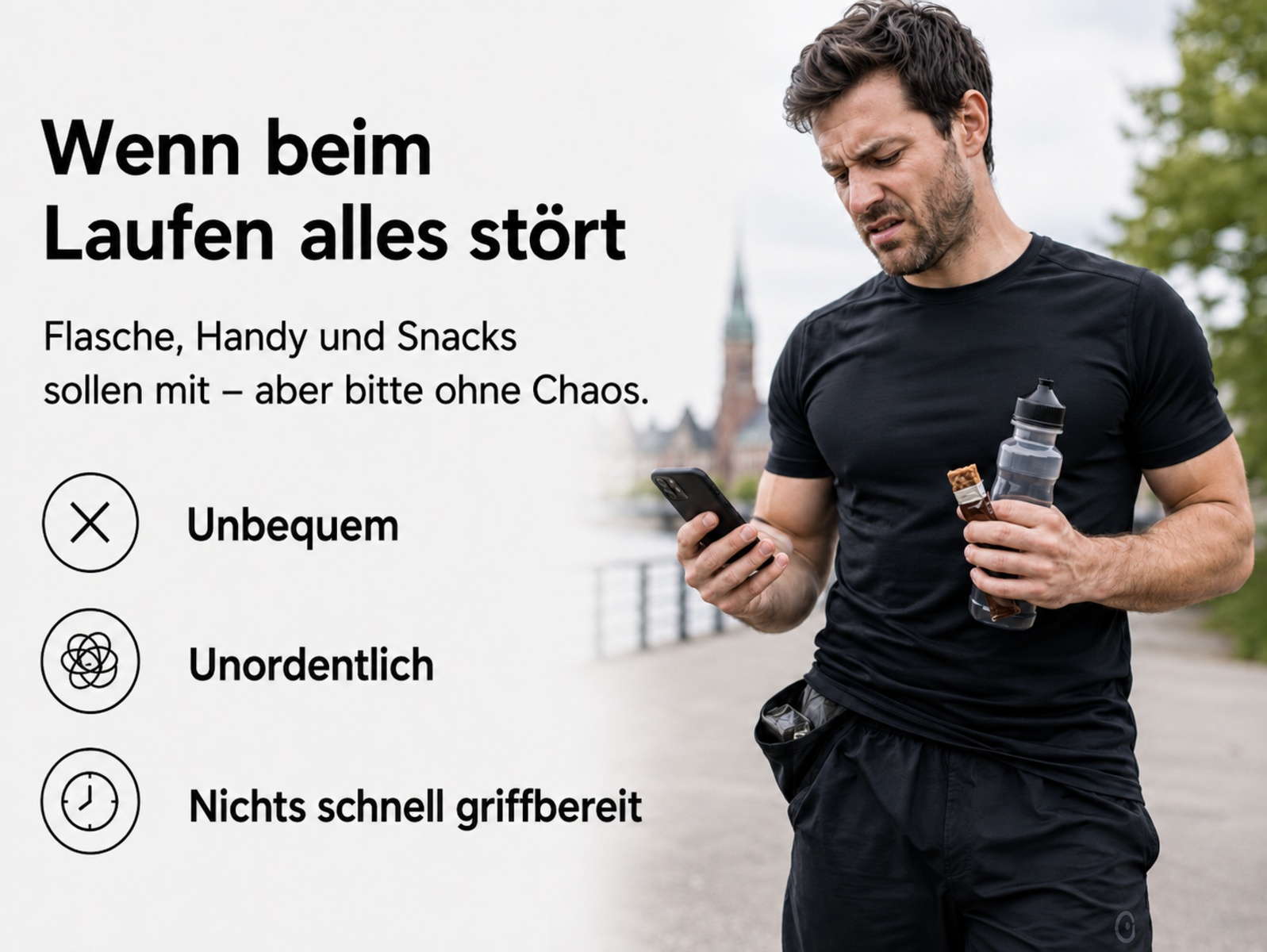 Mann mit Handy und Wasserflasche beim Laufen, frustriert.