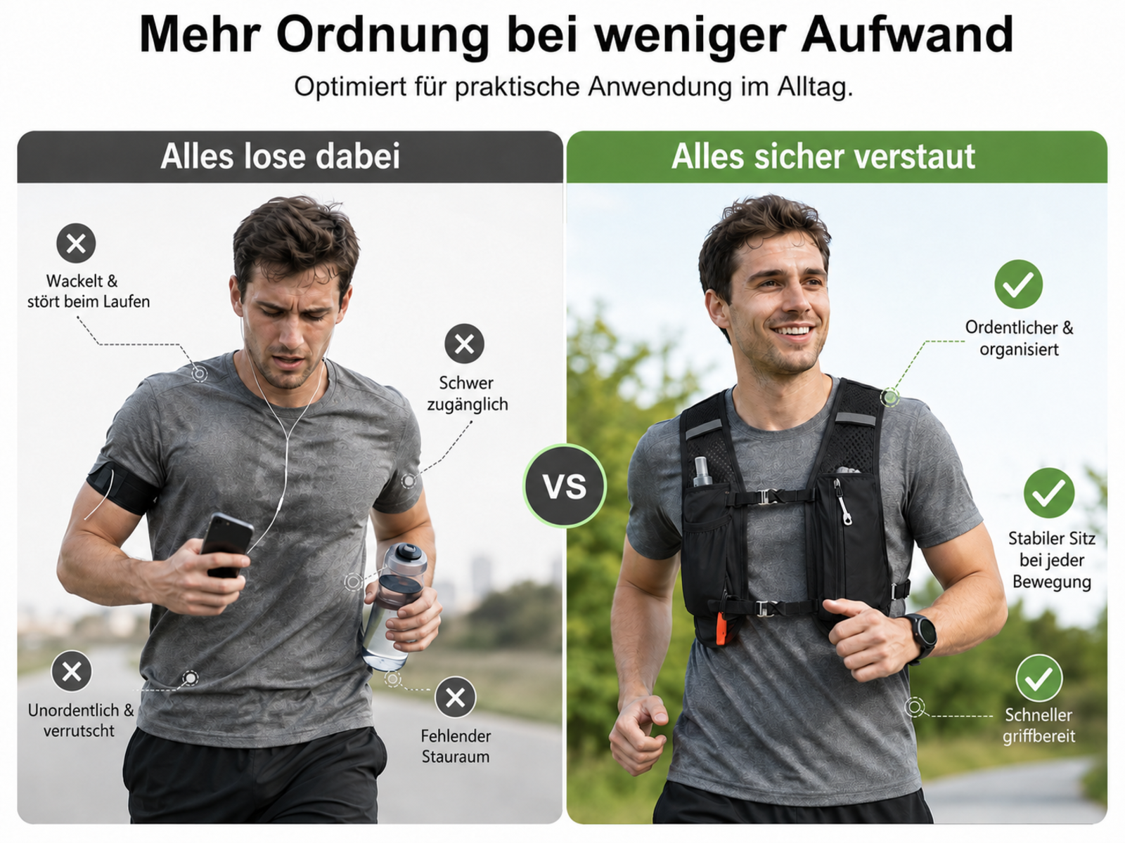 Mann beim Laufen mit und ohne Weste, die Vorteile werden gezeigt.