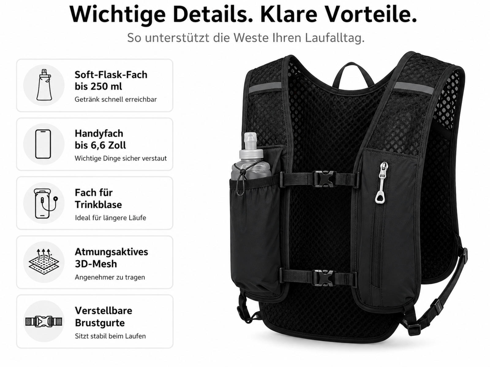 Schwarze Laufweste mit Fächern für Flasche, Handy, Trinkblase. Verstellbare Gurte.