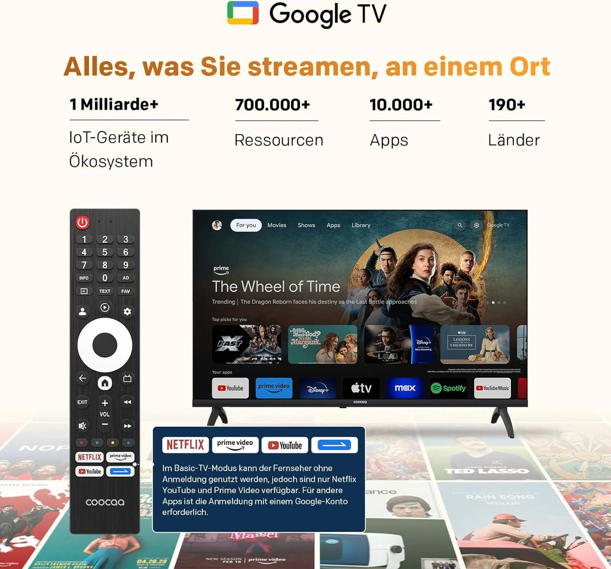 Google TV bietet eine Fernbedienung und einen Fernseher mit Inhalten.