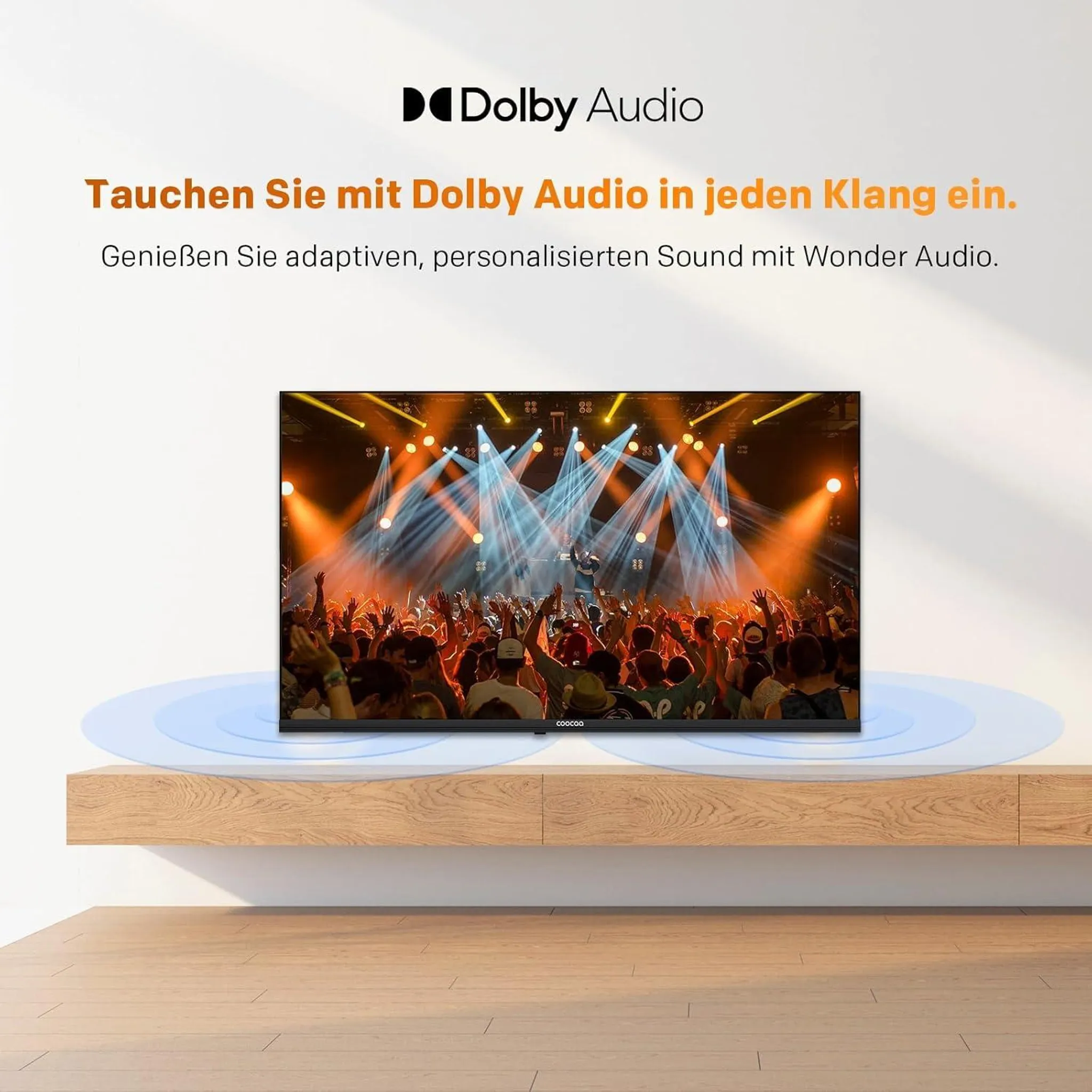 Ein Fernsehbildschirm zeigt ein Konzert mit Lichtern und jubelndem Publikum.