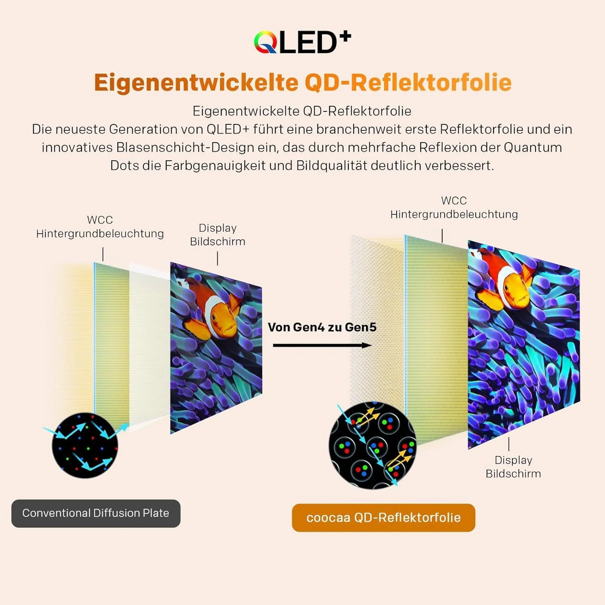 Vergleich von Gen4 und Gen5 QD-Reflektorfolien mit Clownfisch-Display.