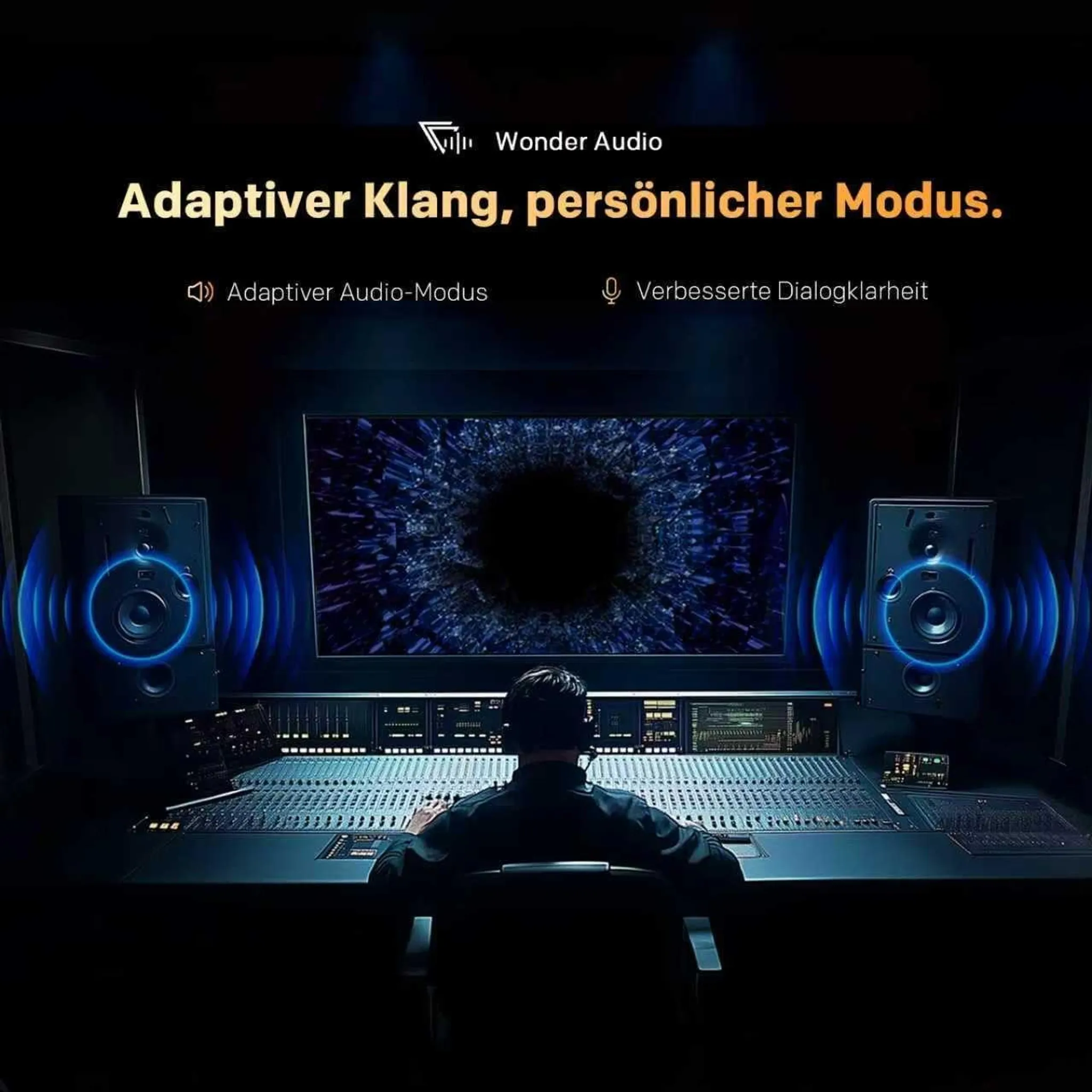 Tontechniker am Mischpult in einem dunklen Studio mit Lautsprechern und Bildschirm.