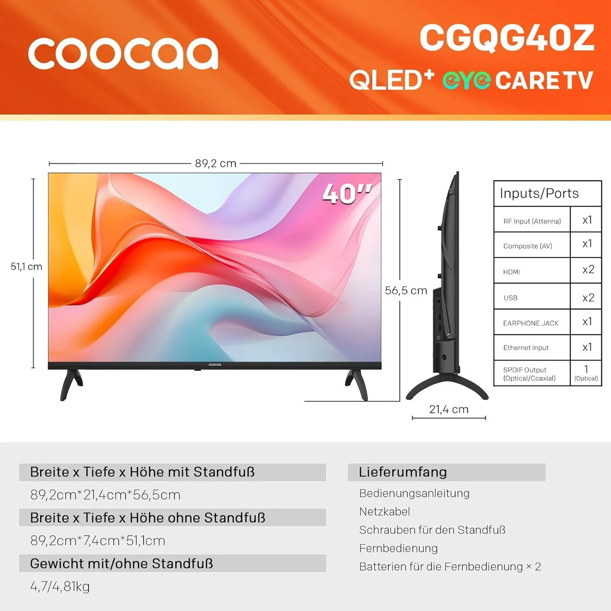 Ein 40-Zoll-Coocaa-Fernseher mit Spezifikationen und Anschlüssen.