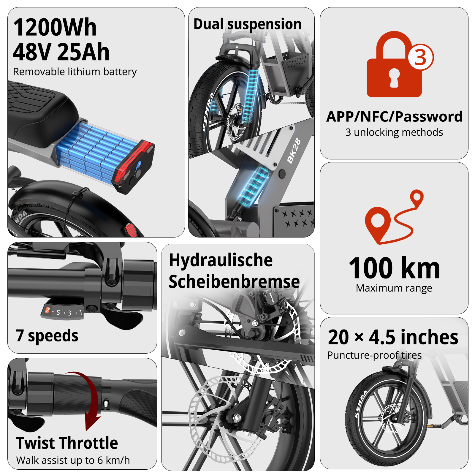 Características de la e-bike: batería de 1200Wh, doble suspensión, 7 velocidades, 100km.