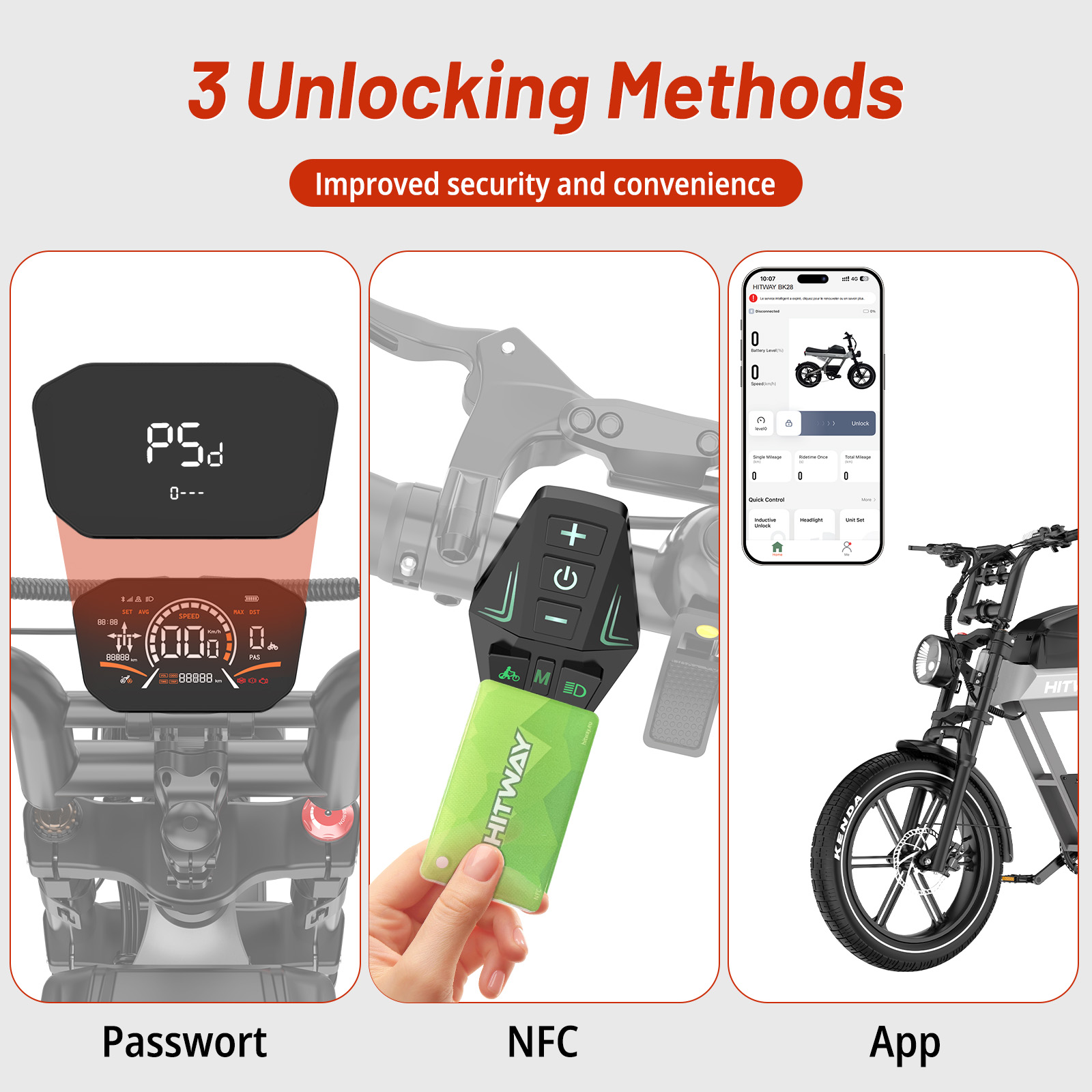Tres métodos de desbloqueo: pantalla, tarjeta NFC y app para un e-scooter.