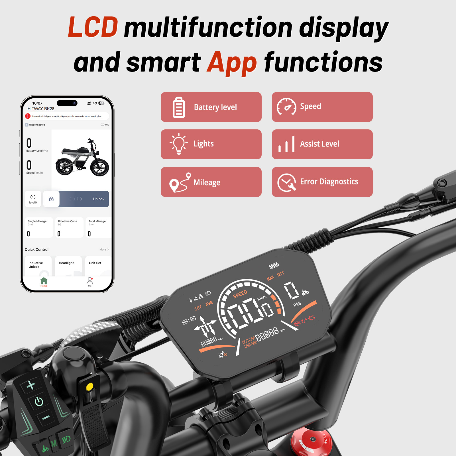 Pantalla de bicicleta eléctrica mostrando velocidad, batería y funciones de app.