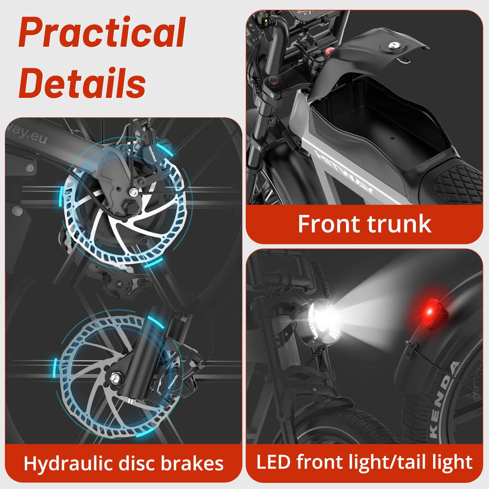 Frenos de disco hidráulicos, maletero delantero, luz LED delantera/trasera.