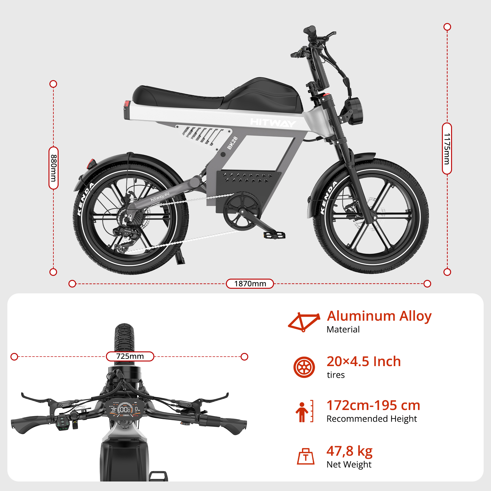 Una e-bike gris con detalles negros, se muestran las dimensiones.