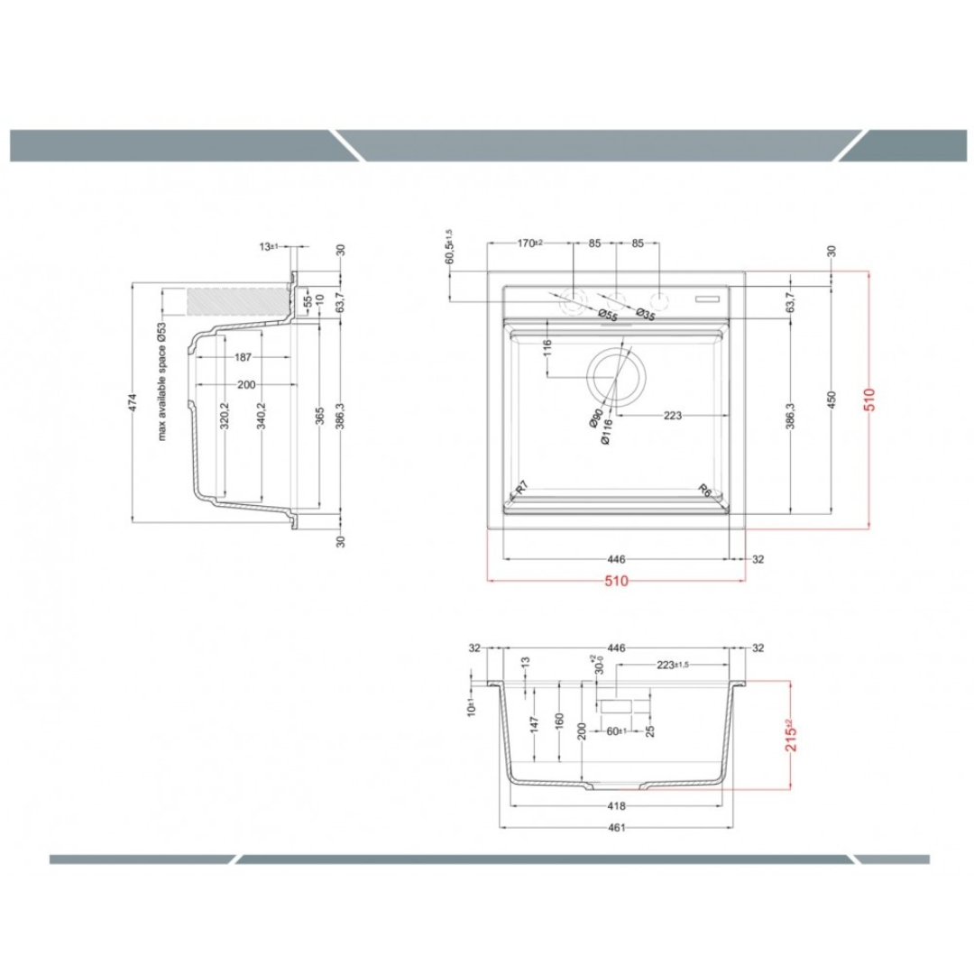 Disegno tecnico di un lavello con dimensioni e viste.