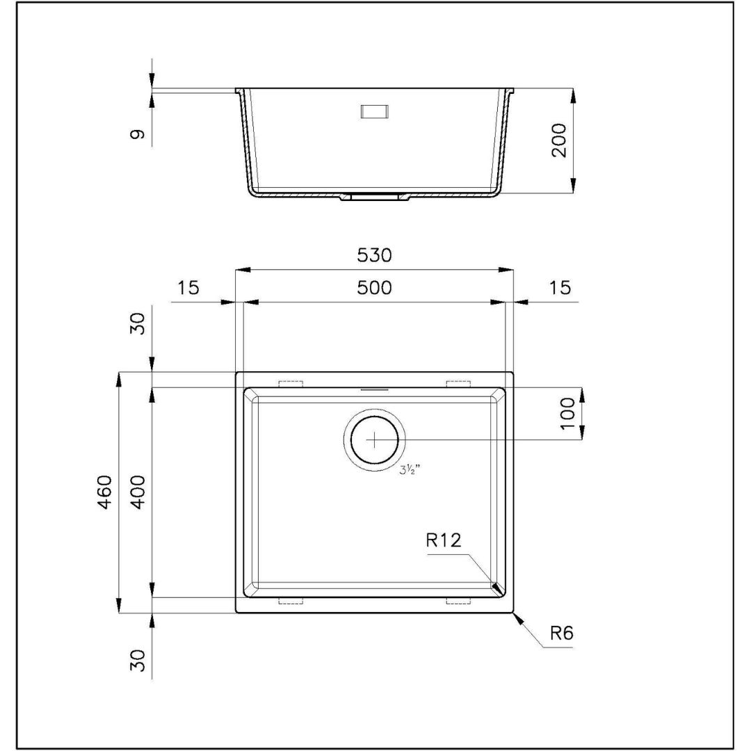 Disegno tecnico di un lavello con dimensioni e raggi.