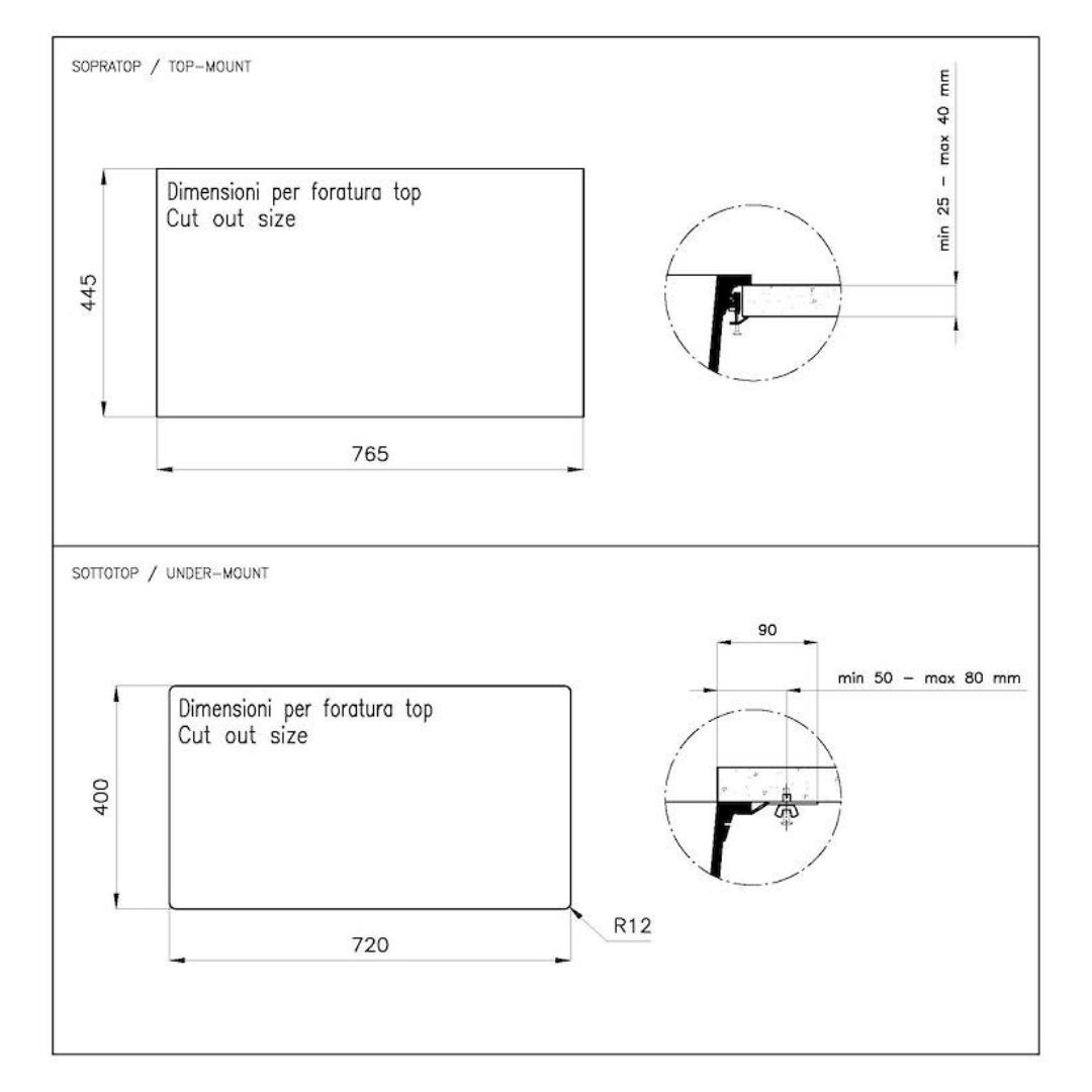 Disegno tecnico con dimensioni per montaggio top e sotto-top.