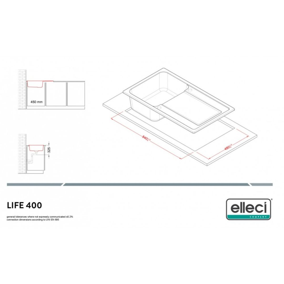 Disegno tecnico di un lavello con dimensioni e logo del produttore.