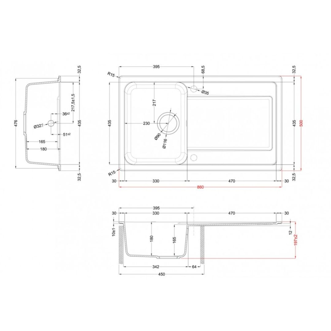 Disegni tecnici di un lavello con dimensioni. Mostra viste dall'alto, laterali e frontali.