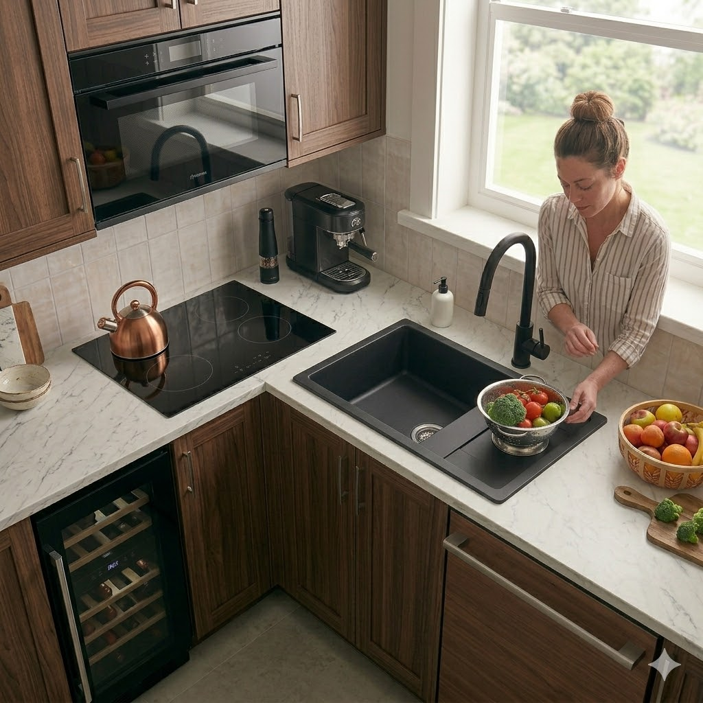 Donna lava verdure in una cucina moderna con mobili in legno e piani di lavoro in marmo.