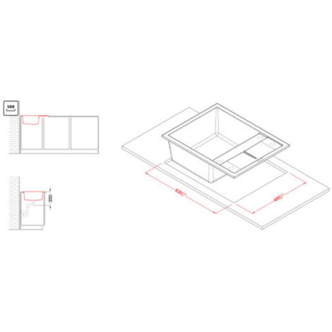 Disegno tecnico di un lavello con dimensioni su un piano di lavoro.