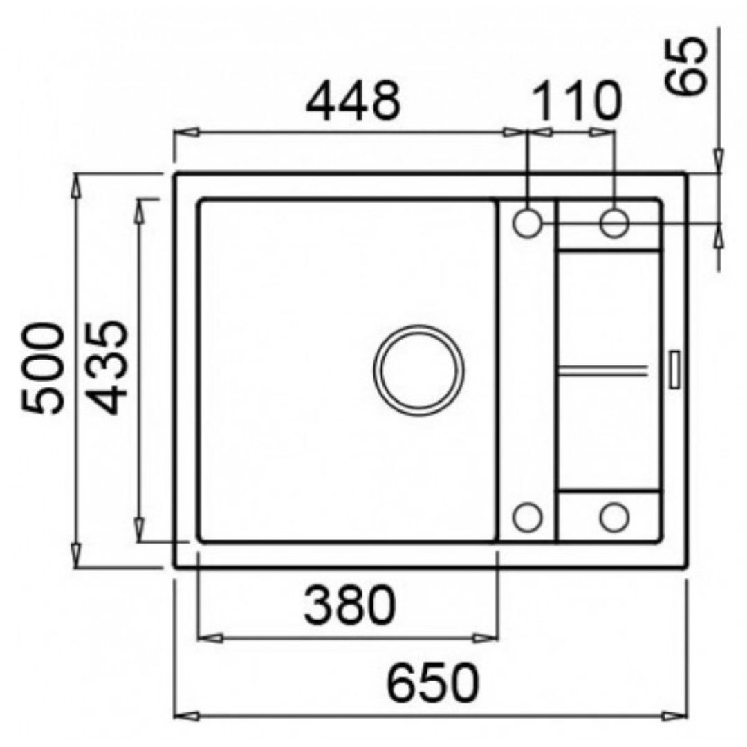 Disegno tecnico di un lavello da 650x500 mm.