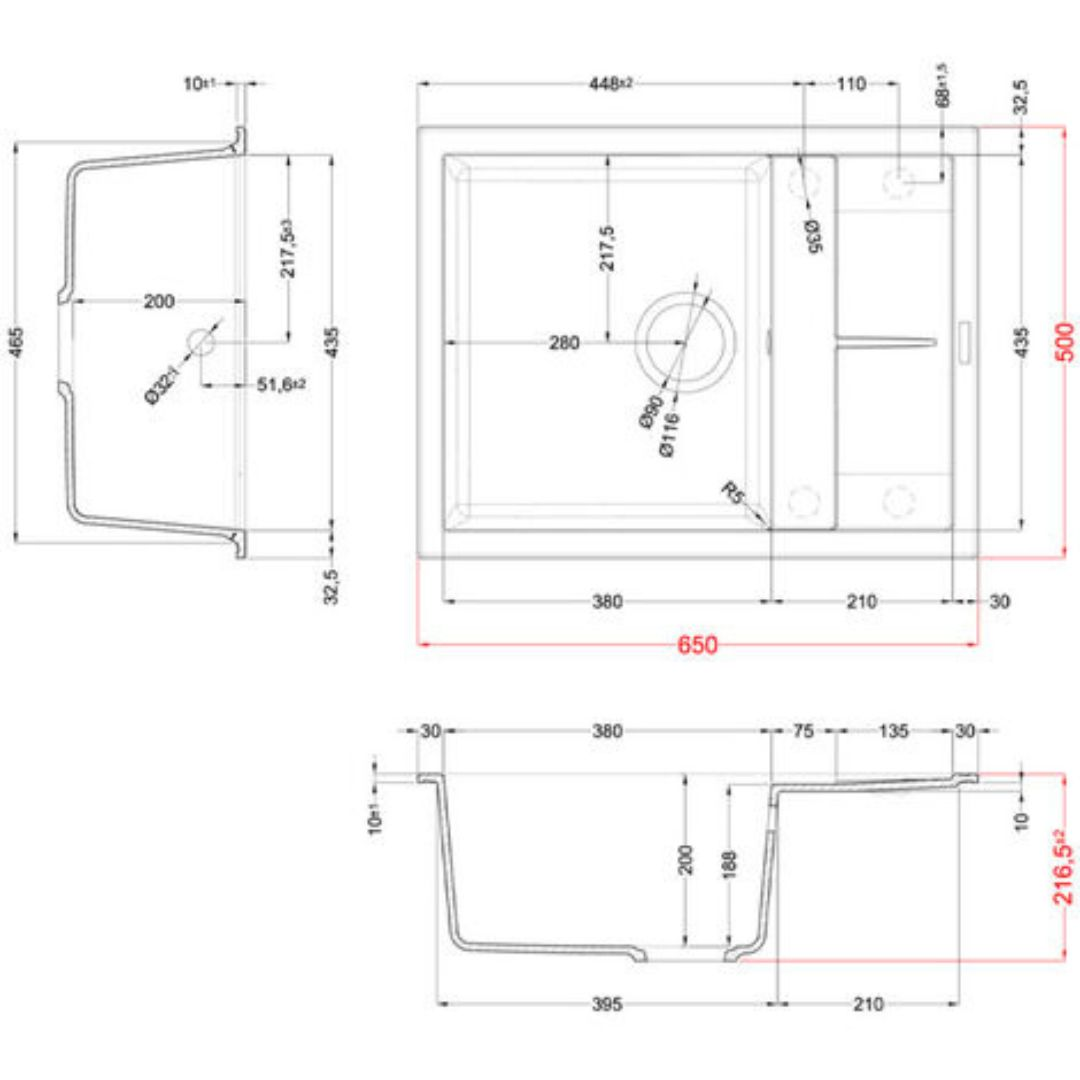 Disegno tecnico di un lavello con dimensioni. Viste dall'alto, laterale e frontale.