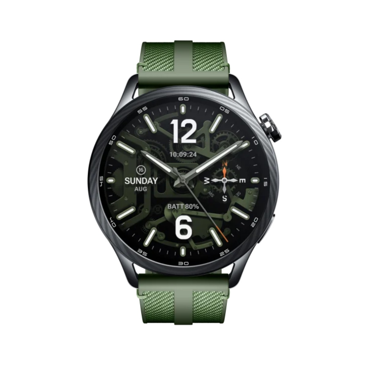 Uno smartwatch verde con quadrante rotondo che mostra ora, data e batteria all'80%.