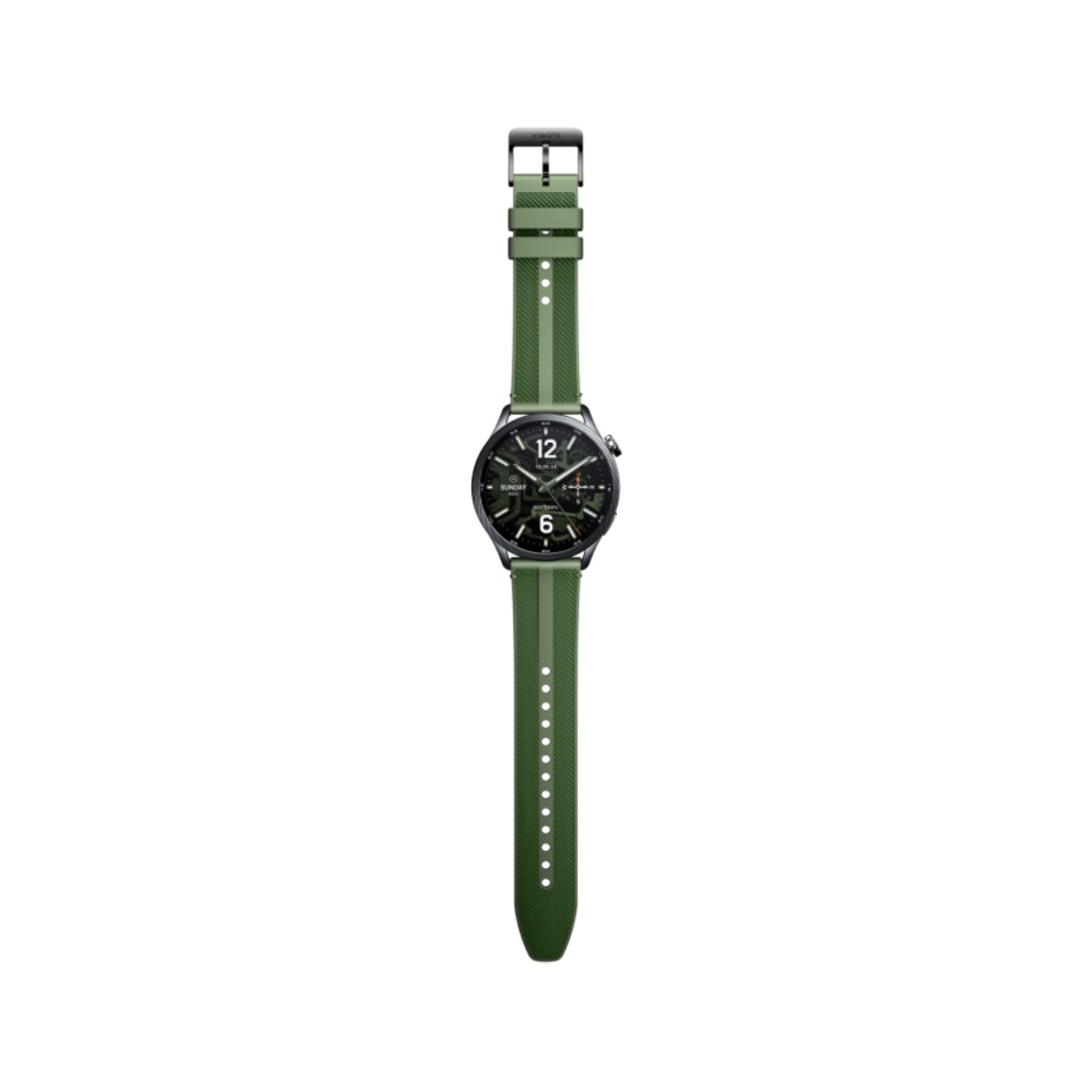 Uno smartwatch verde con quadrante digitale e cinturino verde testurizzato è visualizzato verticalmente.