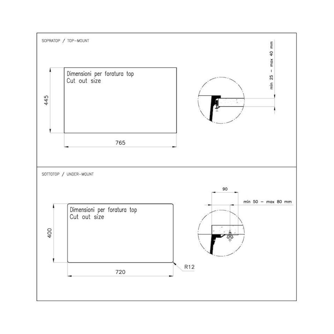 Disegno tecnico con due dimensioni di installazione: 765x445 mm e 720x400 mm.