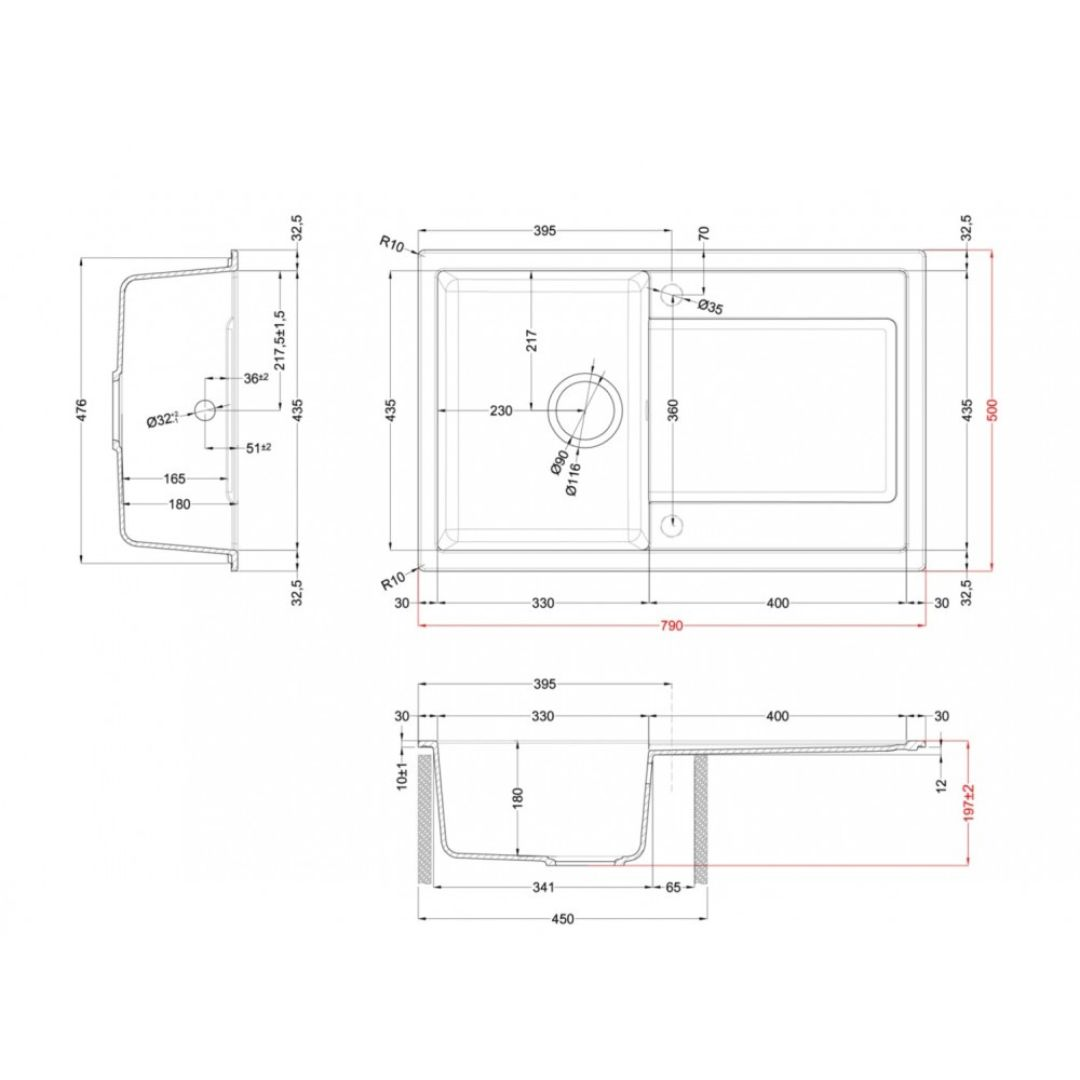 Disegno tecnico di un lavello con dimensioni e viste.