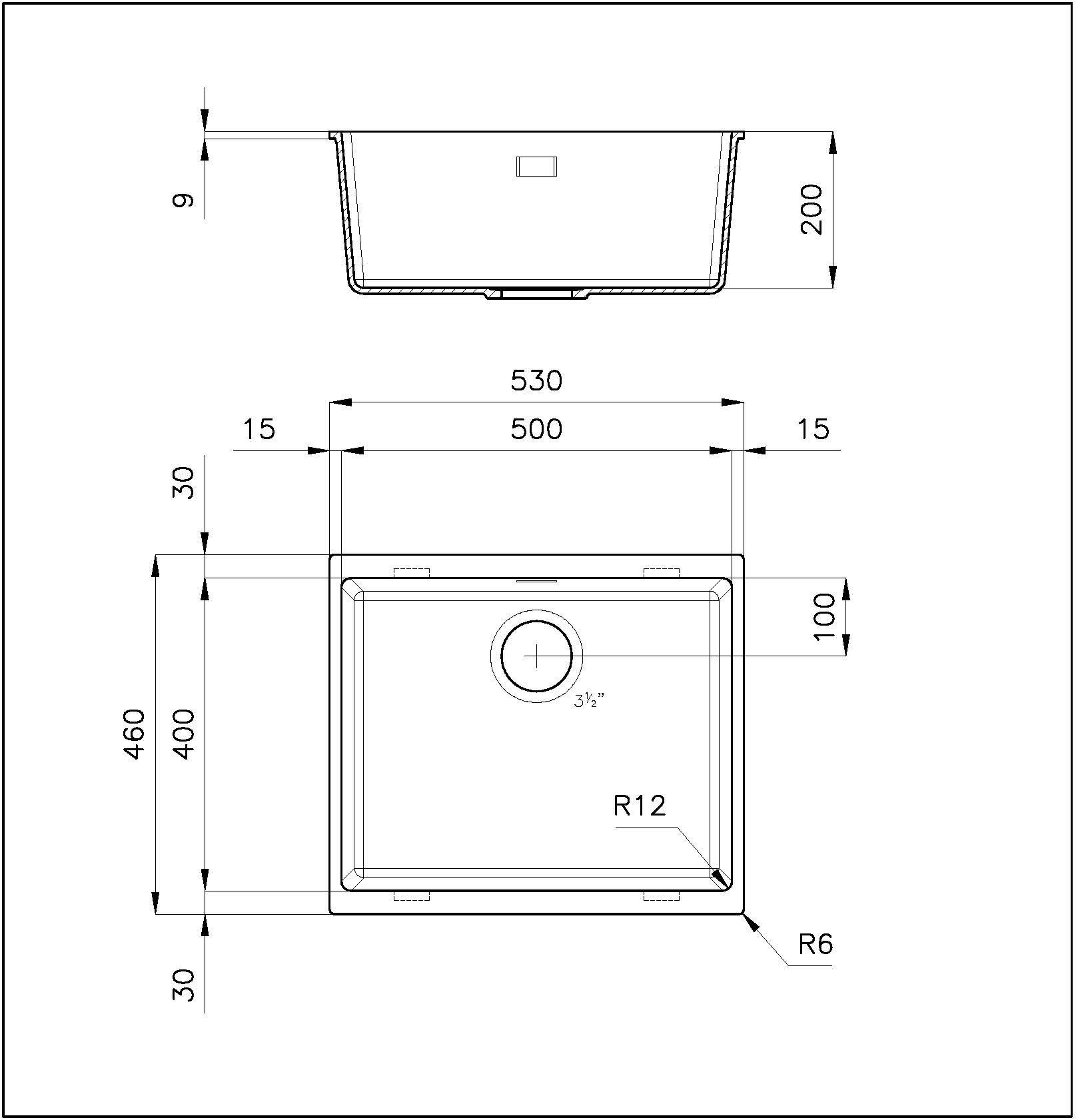 Disegno tecnico di un lavello con dimensioni di profondità, larghezza e altezza.
