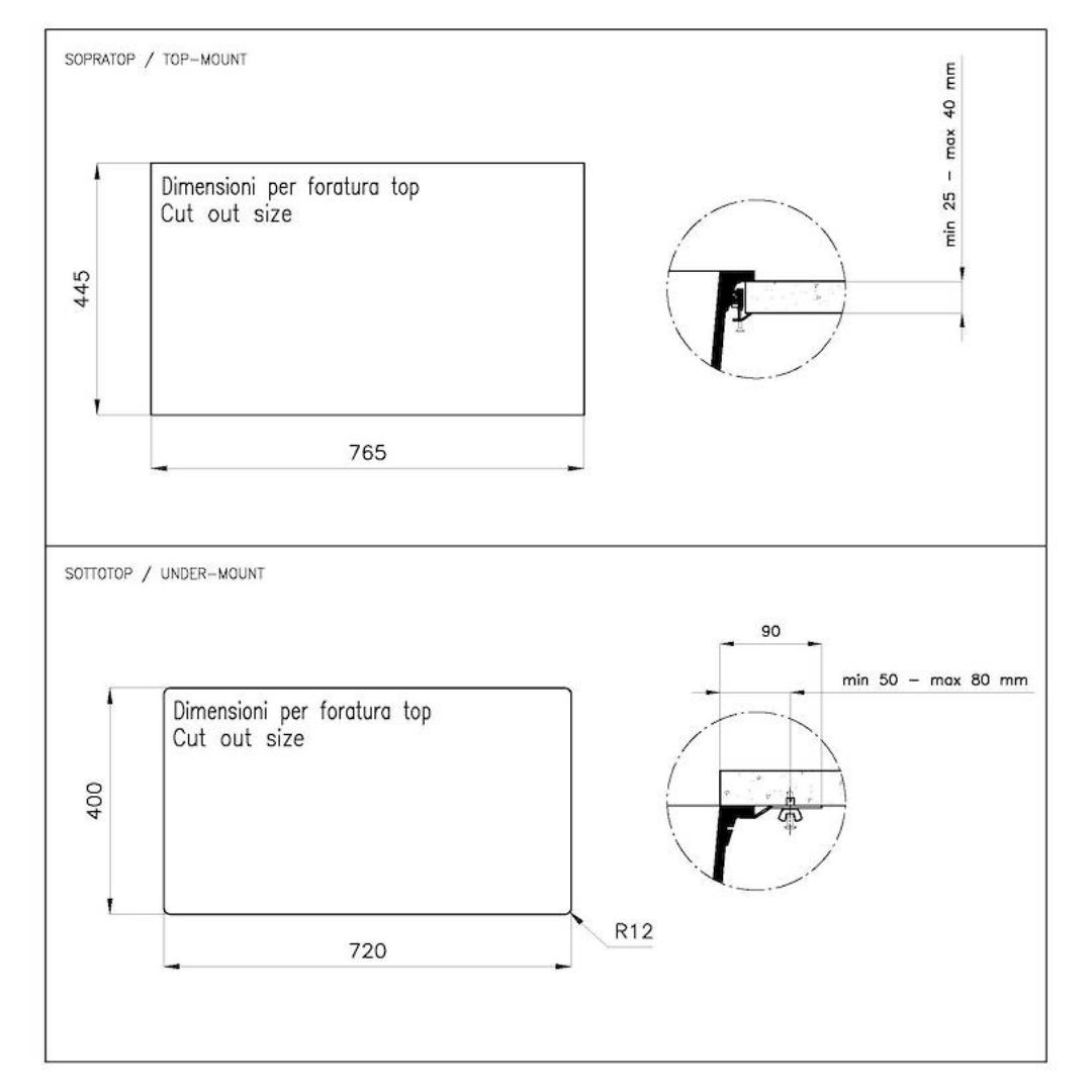 Disegno tecnico di due dimensioni di installazione: 765x445mm per montaggio superiore e 720x400mm per montaggio inferiore.