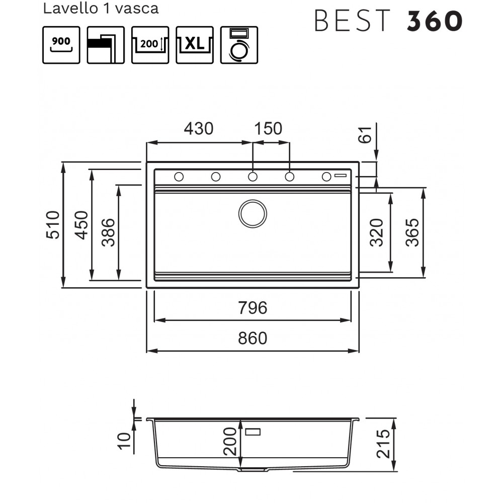 Disegno tecnico di un lavello con dimensioni.