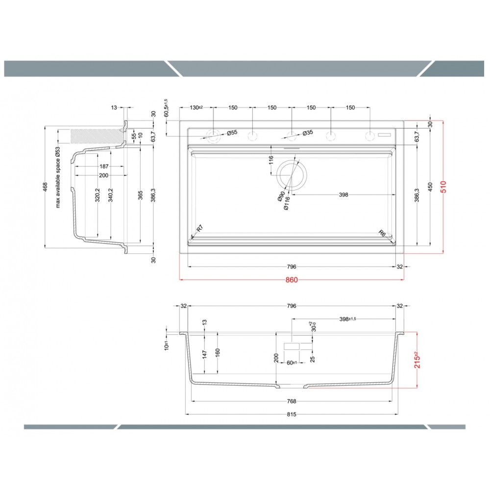 Disegno tecnico di un lavello con dimensioni. Viste dall'alto, laterale e frontale mostrate.