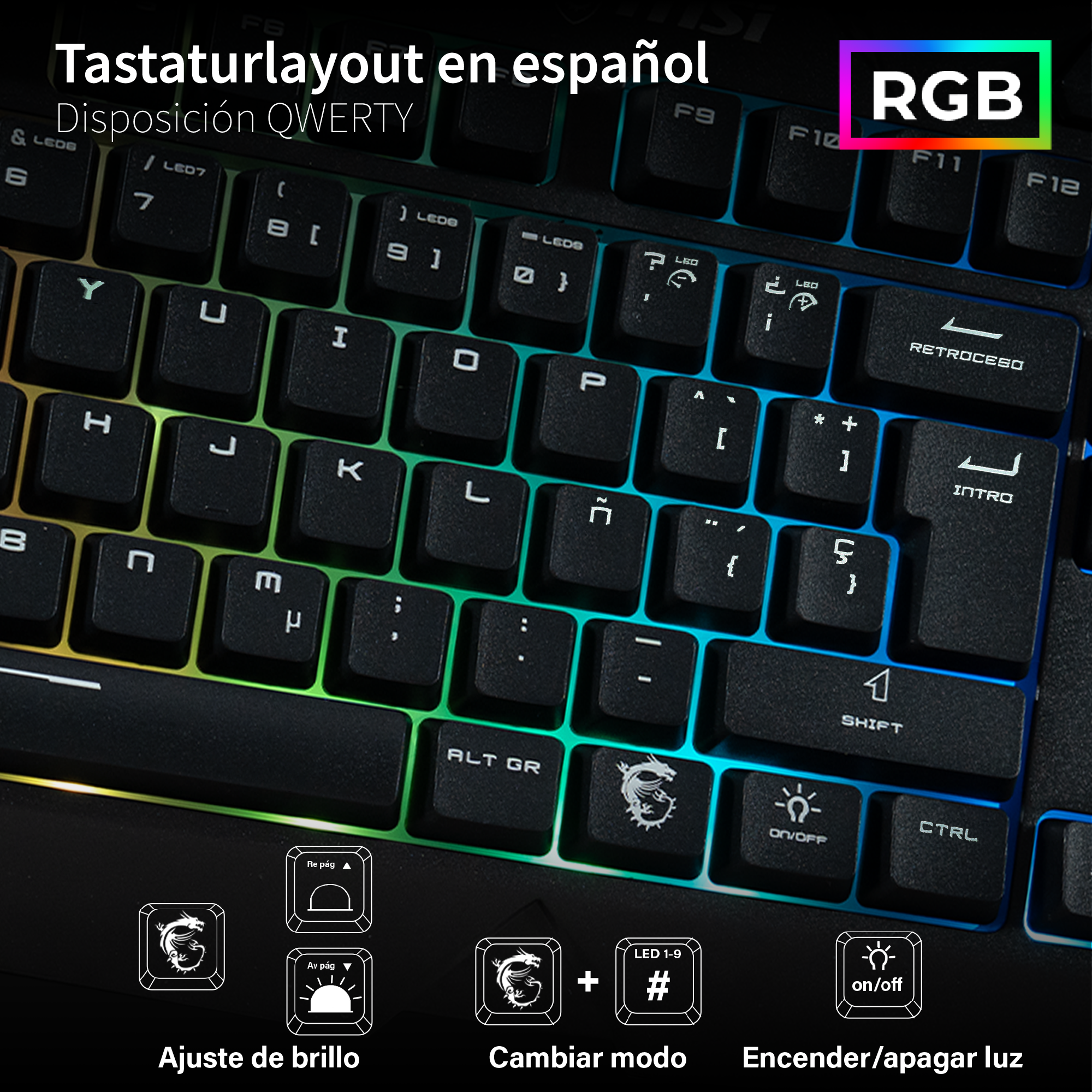 Primer plano de un teclado QWERTY con iluminación RGB y teclas en español.