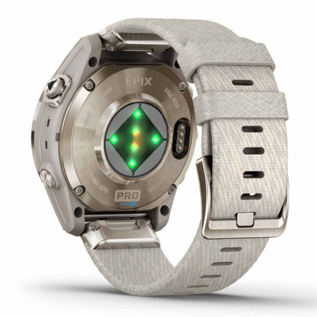 Retro di uno smartwatch grigio con sensore di battito cardiaco e cinturino chiaro.