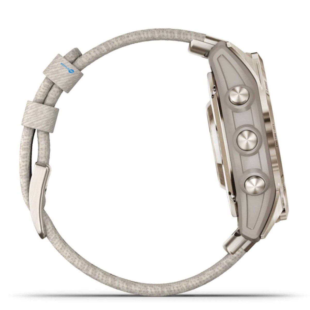 Orologio in tessuto grigio con pulsanti e fibbia argentati, vista su sfondo bianco.