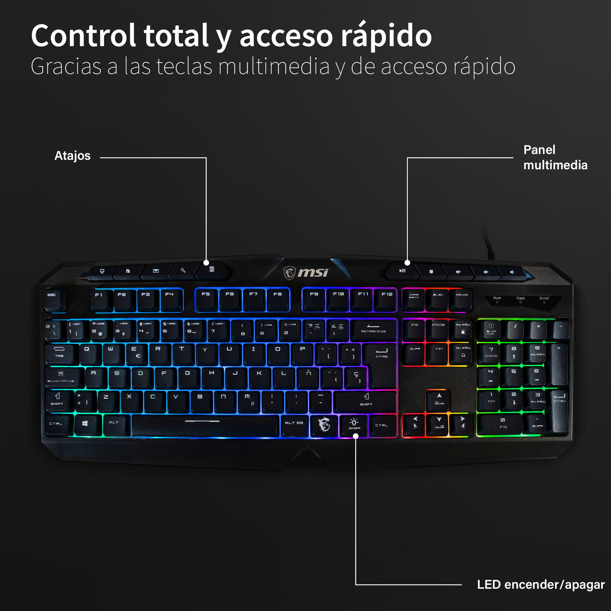 Teclado gaming MSI negro con iluminación RGB y etiquetas para teclas multimedia.