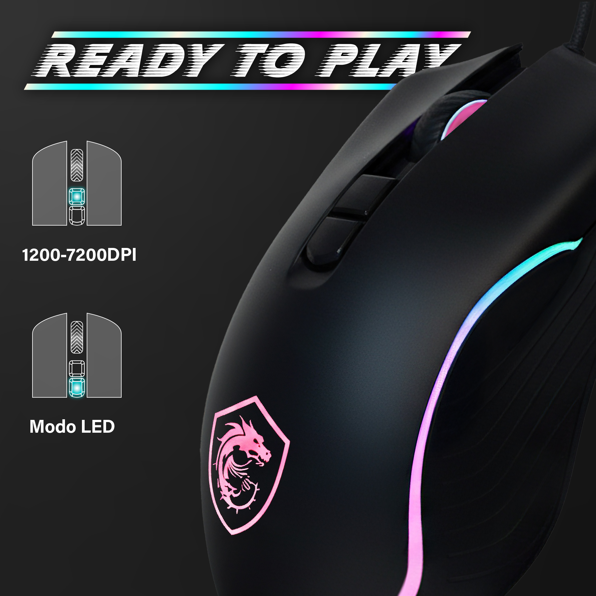 Ratón gaming negro con iluminación RGB, indicadores DPI y modo LED.